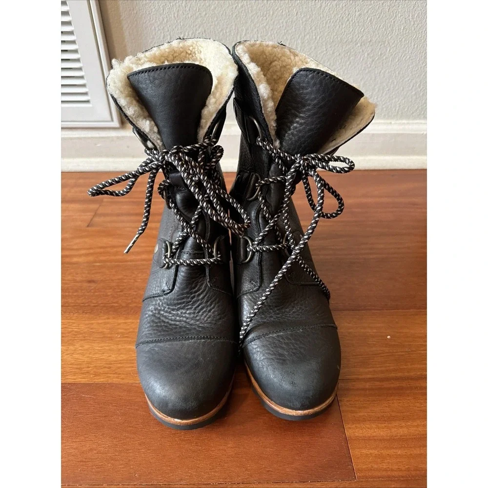 Sorel Women's Joan of Arctic Wedge Mid Shearling Boots Black Size 9.5 US